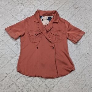 Dolan Shirt Women's XS Pink Rose Blouse Double Breast Pockets Satin Button Wrap